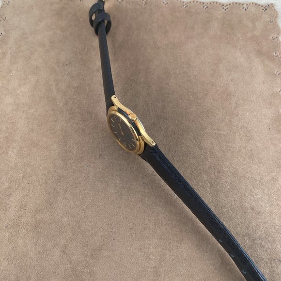 Gold and Black Enamel Bezel Seiko Watch New Black Leather Strap